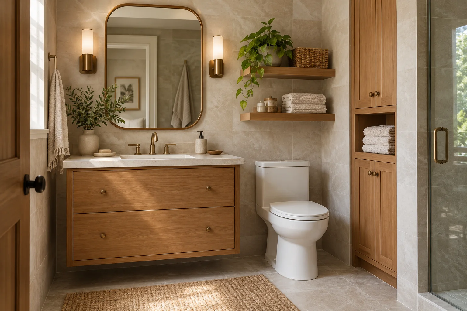 AI-generated bathroom with an oak vanity, pale tile and towel storage.