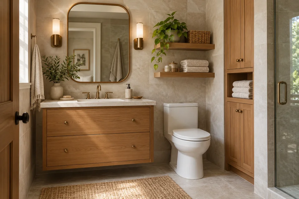 AI-generated bathroom with an oak vanity, pale tile and towel storage.
