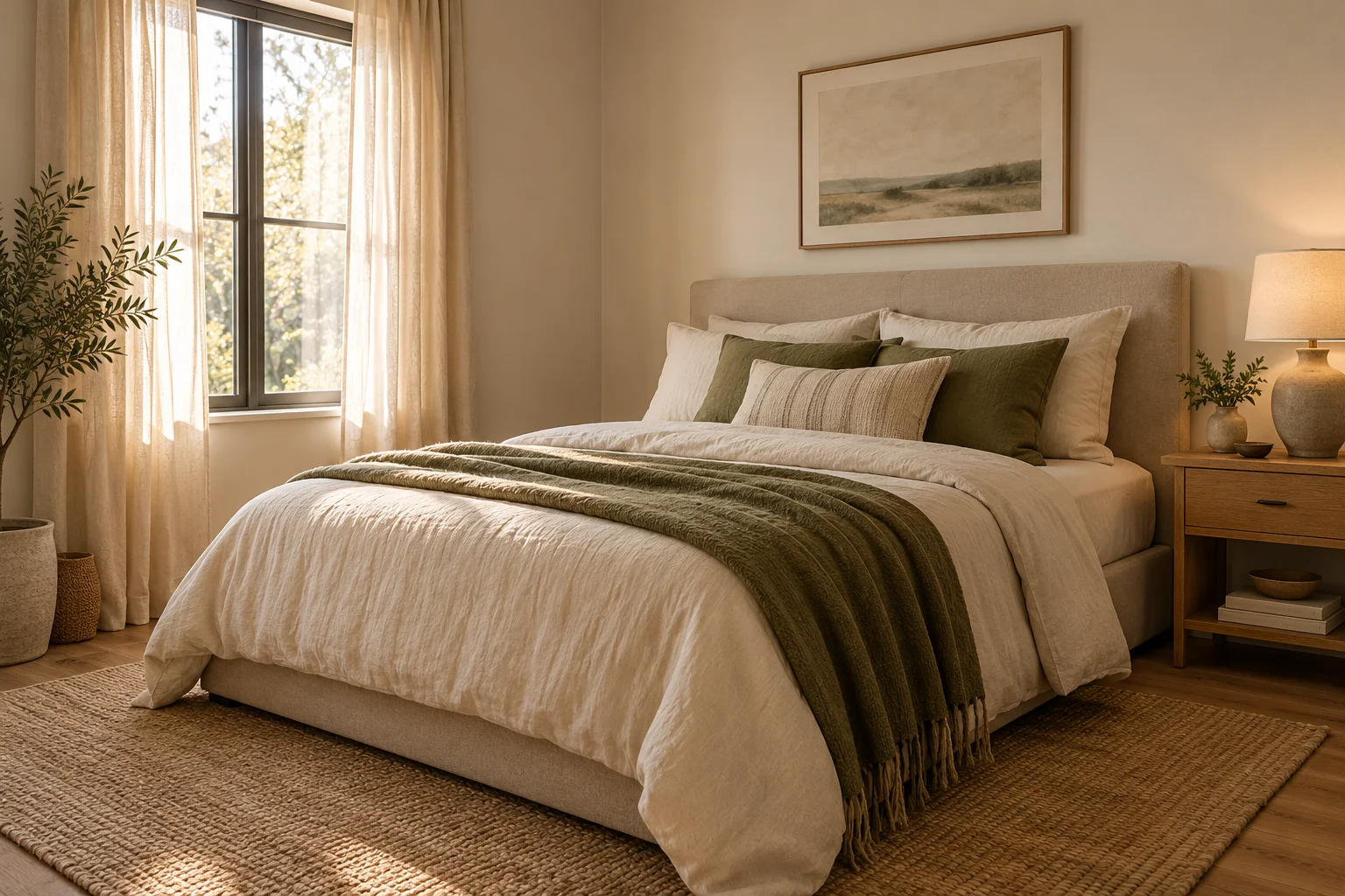 AI-generated bedroom with an upholstered bed, linen bedding and an olive throw.