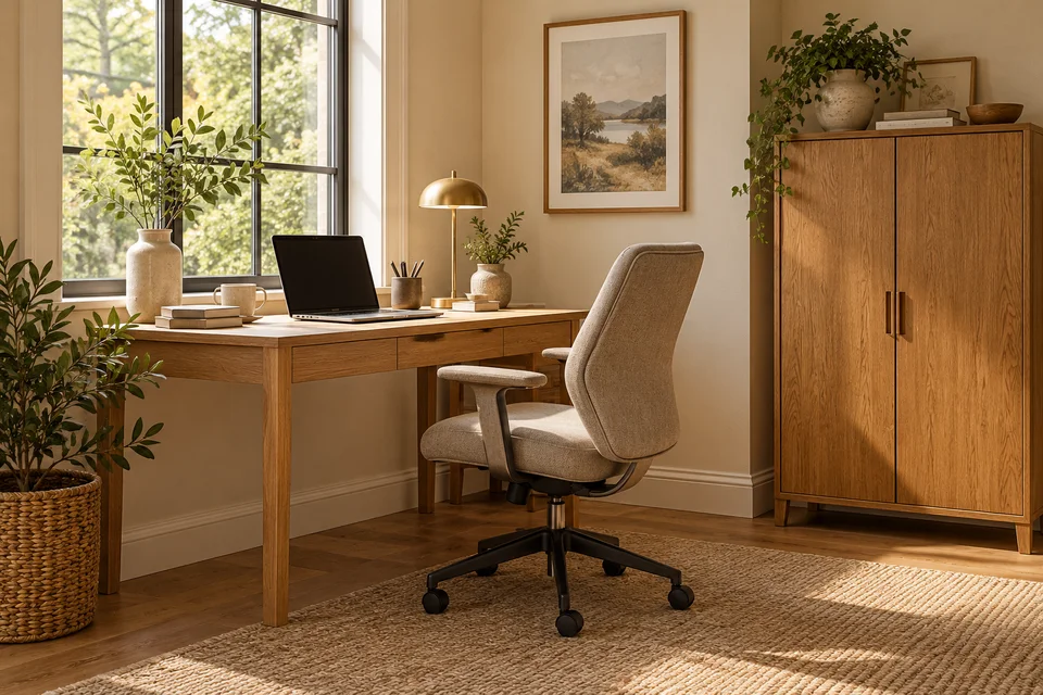 AI-generated workspace with an oak desk, adjustable chair and closed cabinet.