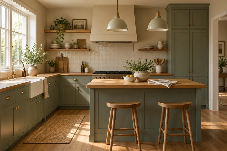 AI-generated kitchen with sage cabinets and a small oak-topped island.