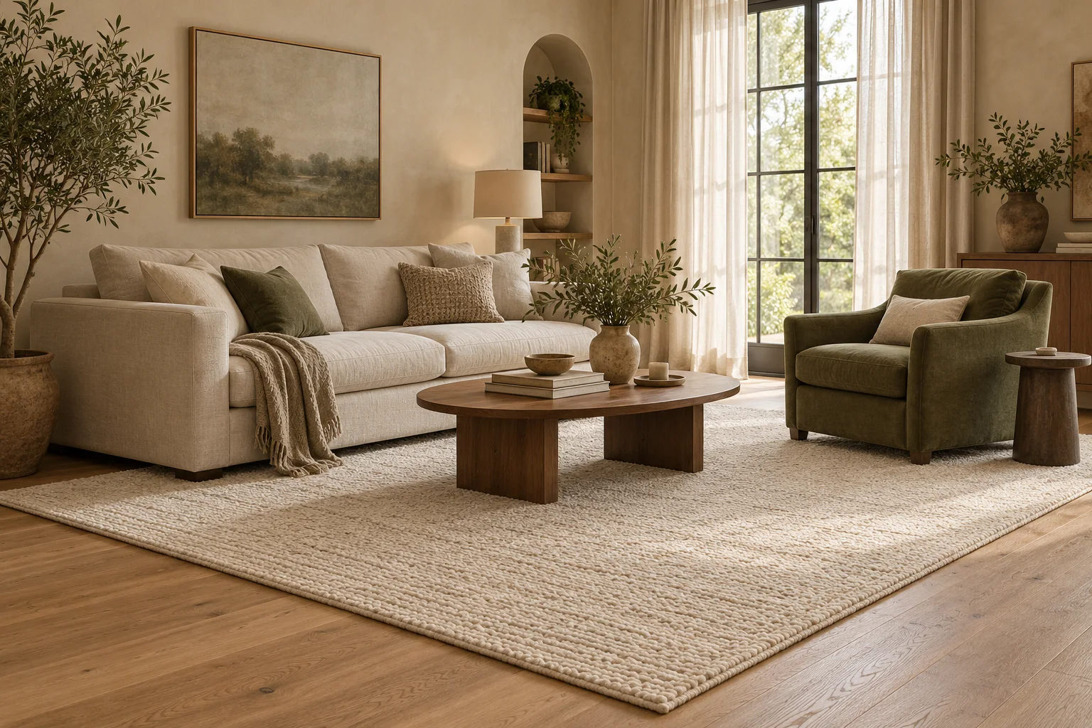 AI-generated living room with an oatmeal sofa, olive armchair and ivory rug.