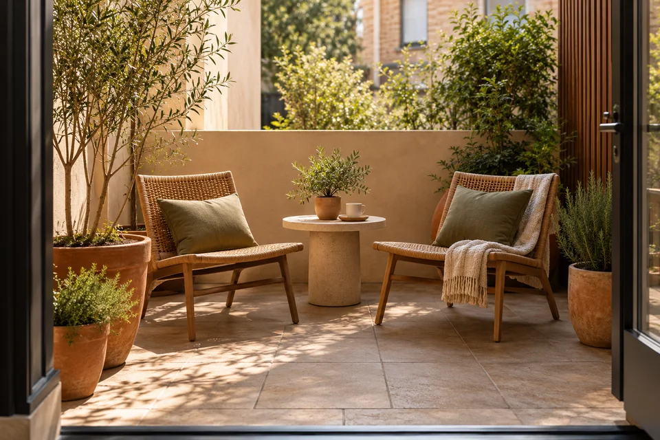 AI-generated small patio with two chairs, a table and terracotta planters.