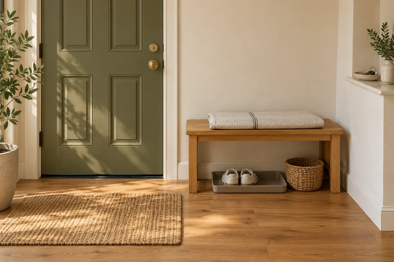 AI-generated entryway with an olive door, oak bench and shoe tray.